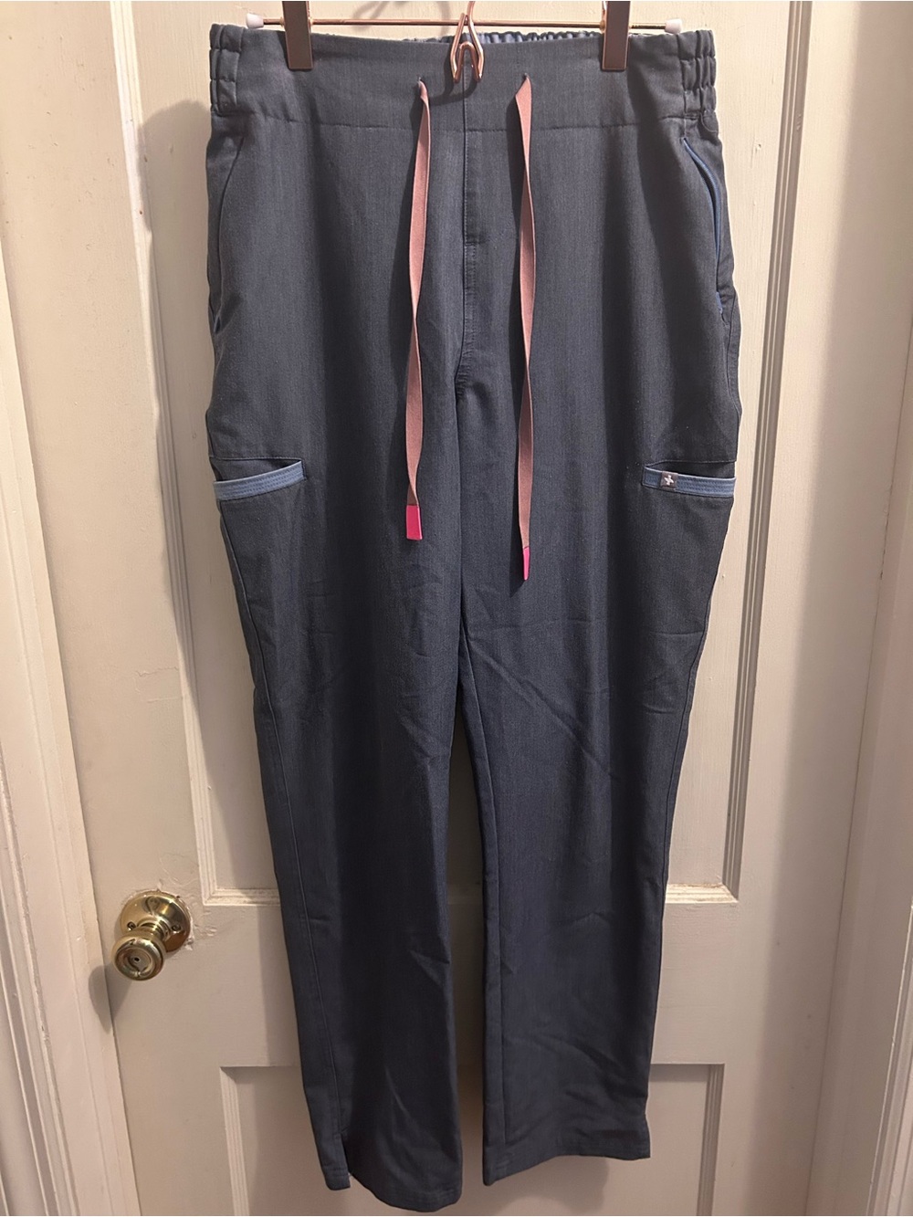 Figs Scrubs Heather Denim Straight Leg Pants with Pink Drawstrings Size Small